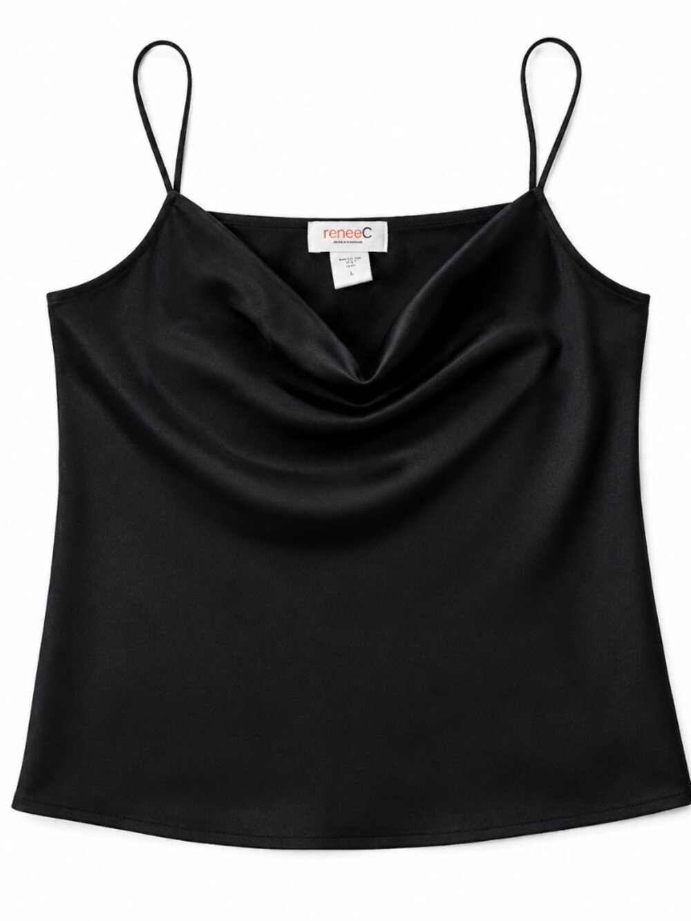 Renee C Women Black Satin Cowl Neck Camisole Tank Top Spaghetti Strap Size L